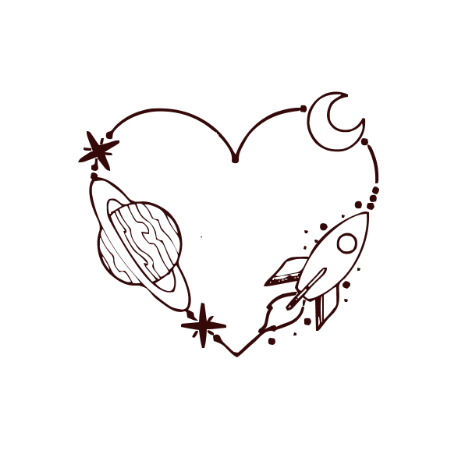Illustration of a heart with a rocket, planet, and stars on a white background